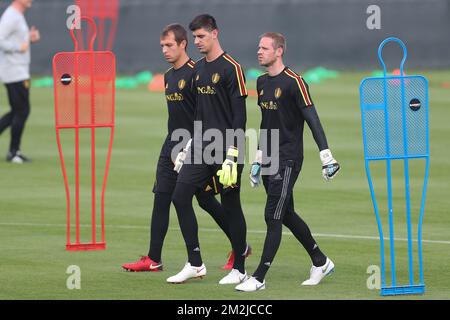 Davy Roef, Belgiens Torwart Thibaut Courtois und Belgiens Torwart Matz Sels, wurden während eines Trainings der belgischen Fußballnationalmannschaft The Red Devils in Tubize am Dienstag, den 04. September 2018, gezeigt. Das Team bereitet sich auf ein Freundschaftsspiel gegen Schottland am 07. September und das Spiel der UEFA Nations League gegen Island am 11. September vor. BELGA FOTO BRUNO FAHY Stockfoto