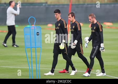 Belgium's goalkeeper Thibaut Courtois, Davy Roef and Belgium's goalkeeper Matz Sels pictured during a training session of Belgian national soccer team the Red Devils in Tubize, Tuesday 04 September 2018. The team is preparing for a friendly match against Scotland on 07 September and the UEFA Nations League match against Iceland on 11 September. BELGA PHOTO BRUNO FAHY Stock Photo