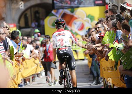 Belgischer Bjorg Lambrecht von Lotto Soudal in Aktion während der zehnten Etappe des Radrennen „Vuelta a Espana“, Tour of Spain, 177km km von Salamanca nach Fermoselle, Spanien, Dienstag, 04. September 2018. BELGA FOTO YUZURU SUNADA FRANCE RAUS Stockfoto