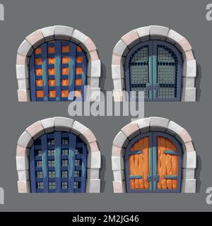 medieval castle gates front view in set Stock Vector