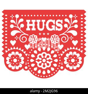 Hugs Papel Picado vector greeting card design, Valentine's Day paper cutout decoration Mexican, love and support concept Stock Vector