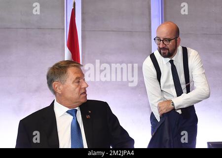 Die rumänische Ministerpräsidentin Viorica Dancila und der belgische Premierminister Charles Michel bildeten das Bild auf einem informellen Gipfeltreffen der Staats- und Regierungschefs am Donnerstag, den 20. September 2018 in Salzburg, Österreich. Zu den Höhepunkten, die auf dem Gipfel erörtert werden, gehören Migration und Handel. BELGA FOTO DIRK WAEM Stockfoto