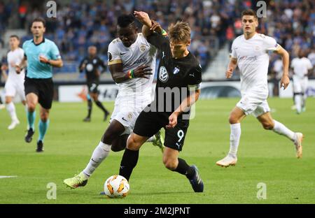 Genk's Joseph Aidoo and Malmo FF's forward Markus Rosenberg fight for the ball during the match between Belgian soccer team KRC Genk and Swedish club Malmo FF in Genk, Thursday 20 September 2018, on day one of the UEFA Europa League group stage. BELGA PHOTO VIRGINIE LEFOUR Stock Photo