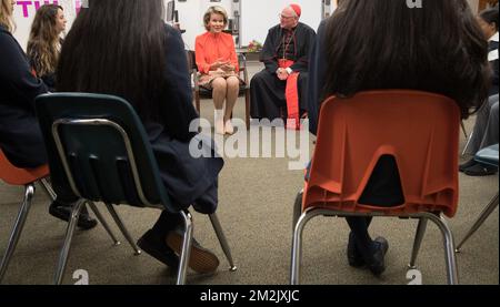 Königin Mathilde von Belgien und Kardinal Timothy Dolan besuchen die Cathedral All Girls High School während der 73.. Sitzung der Generalversammlung der Vereinten Nationen (UNGA 73) in New York City, Vereinigte Staaten von Amerika, Dienstag, den 25. September 2018. BELGA FOTO BENOIT DOPPPAGNE Stockfoto