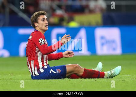 Antoine Griezmann von Atletico reagiert während des Spiels zwischen dem belgischen Fußballteam Club Brügge KV und Atletico Madrid in Gruppe A am zweiten Tag der UEFA Champions League in Mardid, Spanien, Mittwoch, den 03. Oktober 2018. BELGA FOTO BRUNO FAHY Stockfoto