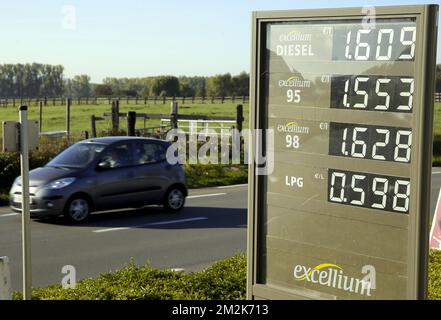 Die Abbildung zeigt die Preise für Diesel und Benzin an einer Tankstelle in Brüssel am Freitag, den 05. Oktober 2018. In Belgien liegt der Dieselpreis inzwischen über Euro95 Goliven. BELGA FOTO NICOLAS MAETERLINCK Stockfoto