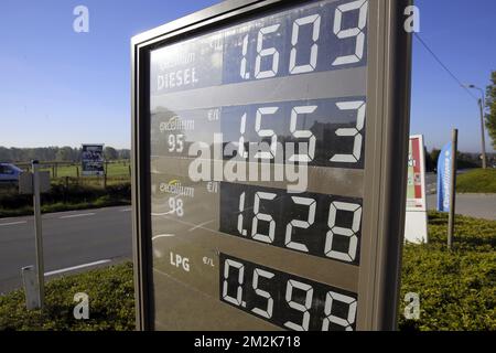 Die Abbildung zeigt die Preise für Diesel und Benzin an einer Tankstelle in Brüssel am Freitag, den 05. Oktober 2018. In Belgien liegt der Dieselpreis inzwischen über Euro95 Goliven. BELGA FOTO NICOLAS MAETERLINCK Stockfoto