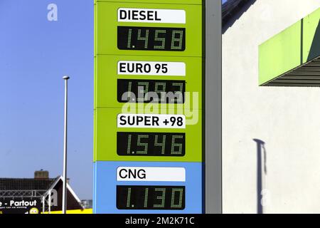 Illustration picture shows the prices of the diesel and gasoline at a filling station in Brussels, Friday 05 October 2018. In Belgium the price of diesel is now higher than Euro95 gosoline. BELGA PHOTO LAURIE DIEFFEMBACQ  Stock Photo