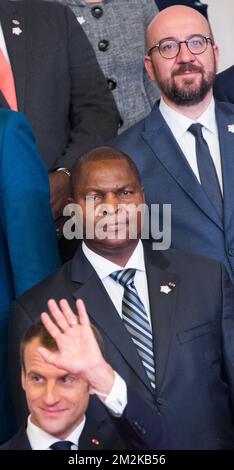 President of France Emmanuel Macron, Central African Republic President Faustin-Archange Touadera and Belgian Prime Minister Charles Michel pictured during the 17th summit of the Francophonie, in Jerevan, Armenia, Thursday 11 October 2018. The Organisation internationale de la Francophonie gathers the heads of state and government of its member countries for two days of meetings. BELGA PHOTO BENOIT DOPPAGNE Stock Photo