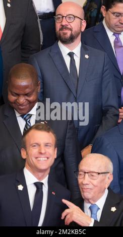 President of France Emmanuel Macron, Tunisia Prime Minister Youssef Chahed, Central African Republic President Faustin-Archange Touadera and Belgian Prime Minister Charles Michel pictured during the 17th summit of the Francophonie, in Jerevan, Armenia, Thursday 11 October 2018. The Organisation internationale de la Francophonie gathers the heads of state and government of its member countries for two days of meetings. BELGA PHOTO BENOIT DOPPAGNE Stock Photo