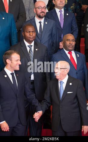 (front-back, L-R) President of France Emmanuel Macron, Tunisia Prime Minister Youssef Chahed, Central African Republic President Faustin-Archange Touadera, Comores President Azali Assoumani and Belgian Prime Minister Charles Michel pictured during the 17th summit of the Francophonie, in Jerevan, Armenia, Thursday 11 October 2018. The Organisation internationale de la Francophonie gathers the heads of state and government of its member countries for two days of meetings. BELGA PHOTO BENOIT DOPPAGNE Stock Photo