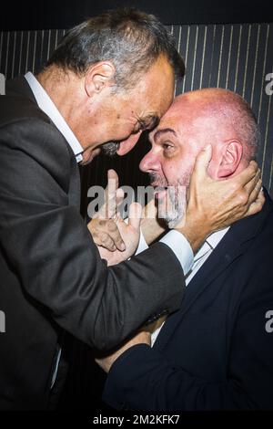 Watermael-Boitsfort / Watermaal-Bosvoorde mayor Ecolo Olivier Deleuze and Ecolo's Christos Doulkeridis pictured during a party bureau of French-speaking Green party Ecolo, Monday 15 October 2018 in Brussels, after yesterday's local and provincial elections in Belgium. BELGA PHOTO LAURIE DIEFFEMBACQ Stock Photo