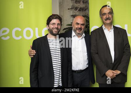 Vorst/ Forest mayor Stephane Roberti, Ecolo's Christos Doulkeridis and Watermael-Boitsfort / Watermaal-Bosvoorde mayor Ecolo Olivier Deleuze pictured during a party bureau of French-speaking Green party Ecolo, Monday 15 October 2018 in Brussels, after yesterday's local and provincial elections in Belgium. BELGA PHOTO LAURIE DIEFFEMBACQ Stock Photo