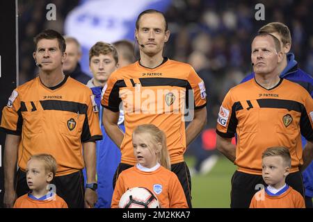 referee Tom Dens, referee Wim Smet and referee Dirk Gilon pictured before the start of a soccer game between KRC Genk and KAS Eupen, Saturday 20 October 2018 in Genk, on the eleventh day of the 'Jupiler Pro League' Belgian soccer championship season 2018-2019. BELGA PHOTO YORICK JANSENS Stock Photo