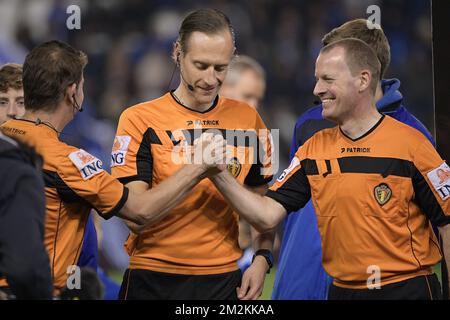 referee Tom Dens, referee Wim Smet and referee Dirk Gilon pictured before the start of a soccer game between KRC Genk and KAS Eupen, Saturday 20 October 2018 in Genk, on the eleventh day of the 'Jupiler Pro League' Belgian soccer championship season 2018-2019. BELGA PHOTO YORICK JANSENS Stock Photo