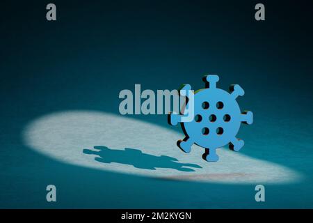 Wunderschöne abstrakte Illustrationen Symbol des Coronavirus auf dunkelblauem Hintergrund. 3D-Rendering-Abbildung. Hintergrundmuster für Konstruktion. Stockfoto