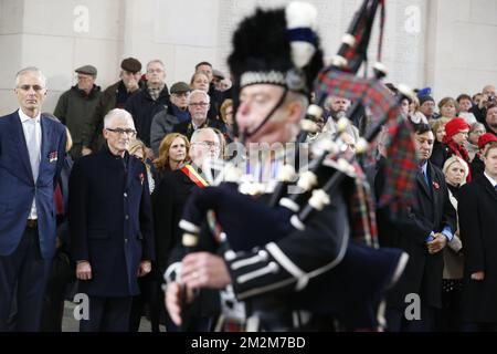 Flemish Minister-President Geert Bourgeois attends a special edition of the Last Post ceremony at the Commonwealth War Graves Commission Ypres Memorial at the Menenpoort in Ieper (Menin Gate, Ypres) on the occasion of the 100th Armistice Day, Sunday 11 November 2018. On 11 November 1918 the Armistice was signed, marking the end of World War I. BELGA PHOTO NICOLAS MAETERLINCK Stock Photo