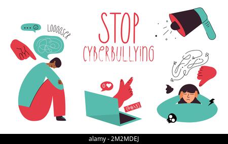 Vector illustration set personages and elements STOP cyberbullying, network abuse, internet problem and discrimination. Stock Vector