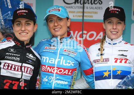 Italian Alice Maria Arzuffi, Dutch Denise Betsema and Dutch Annemarie Worst pictured on the podium after the women's elite race of the 'Ambiancecross Wachtebeke' cyclocross cycling event in Wachtebeke, Saturday 24 November 2018. BELGA PHOTO DAVID STOCKMAN Stock Photo