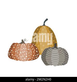 Isolated composition with three pumpkin with doodle ornament. Flat vector illustration. Halloween or Thanksgiving day symbol Stock Vektor