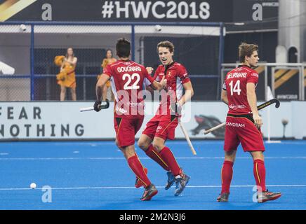 Belgium's Simon Gougnard celebrates and teammates after scoring the 0-2 goal a hockey game between Belgian national team the Red Lions and England, a semi-final match of the World Cup, Saturday 15 December 2018 in the Kalinga Stadium in Bhubaneswar, India. BELGA PHOTO SEBASTIEN TECHY Stock Photo