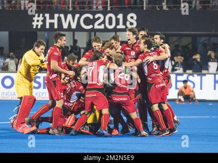 Belgien Red Lions feiert ihren Eishockeywelttitel das letzte Spiel zwischen der belgischen Nationalmannschaft Red Lions und den Niederlanden in Bhubaneswar, Indien, bei der Eishockey-Weltmeisterschaft am Sonntag, den 16. Dezember 2018. BELGA FOTO SEBASTIEN TECHNIK Stockfoto