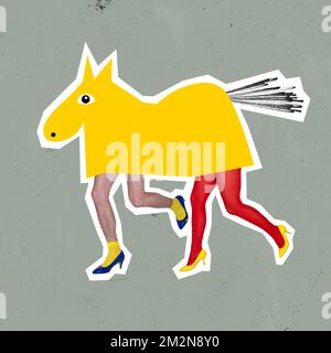 Contemporary art collage. Conceptual design with human legs on hills running under toy horse over grey background Stockfoto