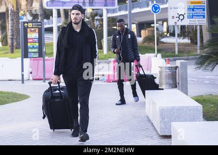 ATTENTION EDITORS - CAPTION CORRECTION: Correcting name from Dorian Dessoleil to Dorian Dervite - Correct version: Charleroi's Dorian Dervite and Charleroi's Adama Niane arrive at the airport on the first day of the winter training camp of Belgian first division soccer team Sporting Charleroi, in Valencia, Spain, Saturday 05 January 2019. BELGA PHOTO LAURIE DIEFFEMBACQ Stock Photo