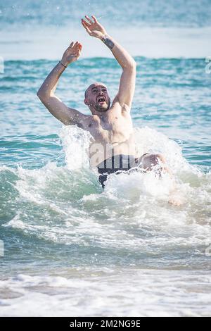 Torwart von Charleroi, französischer Remy Riou, am dritten Tag des Wintertrainingslagers des belgischen Fußballteams Sporting Charleroi in Valencia, Spanien, am 07. Januar 2019 nach dem morgendlichen Training am Strand abgebildet. BELGA FOTO LAURIE DIEFFEMBACQ Stockfoto