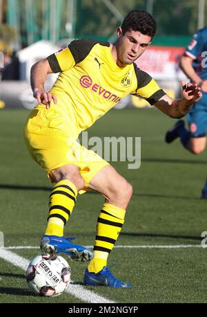 Dortmunds Christian Pulisic in Aktion während eines Freundschaftsspiels der deutschen Teams Borussia Dortmund und Fortuna Düsseldorf in Marbella, Spanien, während des Wintercamps am Montag, den 07. Januar 2019. BELGA PHOTO VIRGINIE LEFOUR Stockfoto