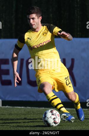 Dortmunds Christian Pulisic in Aktion während eines Freundschaftsspiels der deutschen Teams Borussia Dortmund und Fortuna Düsseldorf in Marbella, Spanien, während des Wintercamps am Montag, den 07. Januar 2019. BELGA PHOTO VIRGINIE LEFOUR Stockfoto