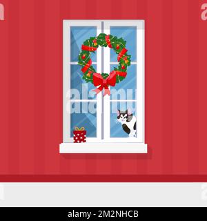 Winter window with view, a present and a cat on the sill. Christmas wreath. Cozy home. Merry Christmas and Happy New Year. Winter holidays. Flat style Stock Vector