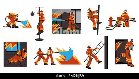 Fireman in uniform. Cartoon firefighter characters in different situations, emergency workers with rescue equipment safety concept. Vector flat set Stock Vector