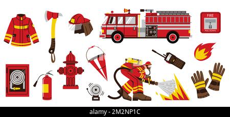 Fire truck with equipment. Firefighter characters with red rescue transport extinguisher hydrant bucket, fireman department instruments. Vector set Stock Vektor