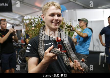 Australischer Michael Storer, dargestellt während der Teampräsentation, vor der Tour Down Under Cycling, Samstag, den 12. Januar 2019 in Adelaide, Australien. Die diesjährige Ausgabe des Rennens findet vom 15.. Januar bis zum 20.. Januar statt. BELGA FOTO YUZURU SUNADA Stockfoto