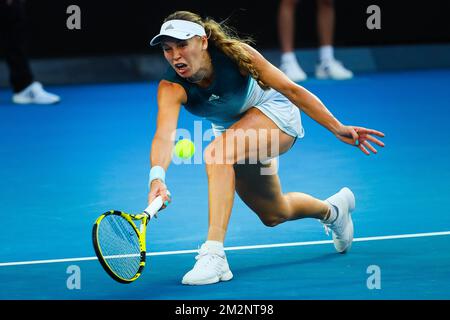 Caroline Wozniacki in action at a Women's Singles first round between Belgian Alison Van Uytvanck (WTA 51) and Denmark's Caroline Wozniacki (WTA 3) at the 'Australian Open' tennis Grand Slam, Monday 14 January 2019 in Melbourne Park, Melbourne, Australia. This first grand slam of the season will be taking place from 14 to 27 January. BELGA PHOTO PATRICK HAMILTON Stock Photo