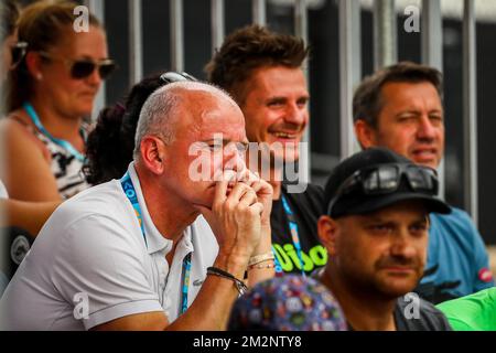 Goffin's father Michel, Fabien Bertrand and Goffin's coach Thierry Van Cleemput pictured during a Men's Singles first round between Belgian David Goffin (ATP 22) and Chili's Christian Garin (ATP 86) at the 'Australian Open' tennis Grand Slam, Tuesday 15 January 2019 in Melbourne Park, Melbourne, Australia. This first grand slam of the season will be taking place from 14 to 27 January. BELGA PHOTO PATRICK HAMILTON Stock Photo