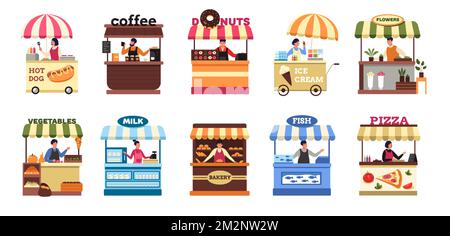 Street vendors. Farm local market food booth and stall with seller, set of fruit vegetable kiosk stands and fish trolley flat cartoon style. Vector Stock Vektor