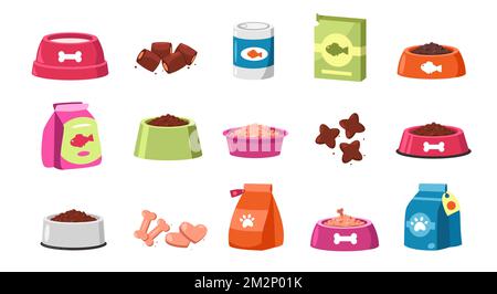 Pet food. Dry meal for cats and dogs cartoon style, colorful bowl jar package container with treats domestic animals feed assortment. Vector flat set Stock Vektor