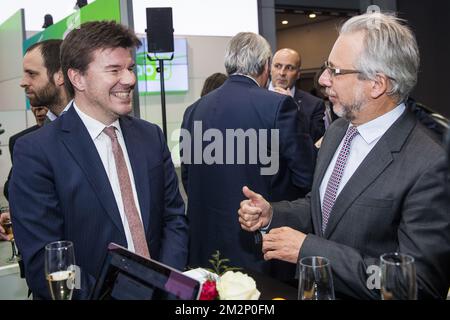 Flemish Minister of Brussels, Culture, Media and Youth Sven Gatz and RTBF general administrator Jean-Paul Philippot pictured during a press conference of WorldDAB, Digital Radio Vlaanderen and maRadio.be on the new European directive on the digital radio equipment in cars, at the 97th edition of the Brussels Motor Show, at Brussels Expo , Friday 18 January 2019. BELGA PHOTO LAURIE DIEFFEMBACQ Stock Photo