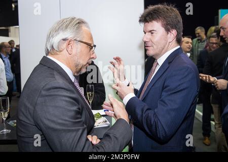 RTBF general administrator Jean-Paul Philippot and Flemish Minister of Brussels, Culture, Media and Youth Sven Gatz pictured during a press conference of WorldDAB, Digital Radio Vlaanderen and maRadio.be on the new European directive on the digital radio equipment in cars, at the 97th edition of the Brussels Motor Show, at Brussels Expo , Friday 18 January 2019. BELGA PHOTO LAURIE DIEFFEMBACQ Stock Photo