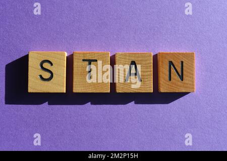 Stan, Wort in hölzernen Buchstaben isoliert auf lila Hintergrund Stockfoto