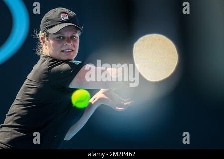 Belgische Kim Clijsters in Aktion bei einer ersten Runde des Women's Legends Doubles Turnements zwischen belgischer Kim Clijsters und chinesischem Na Li und australischer Nicole Bradtke und US Mary Joe Fernandez, auf dem „Australian Open“ Tennis Grand Slam am Mittwoch, den 23. Januar 2019 in Melbourne, Australien. Das Paar Clijsters-Li hat das Spiel gewonnen. BELGA FOTO PATRICK HAMILTON Stockfoto