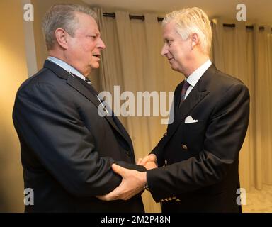 König Philippe - Filip von Belgien, Foto eines Treffens mit dem ehemaligen US-amerikanischen Vizepräsidenten Al Gore anlässlich der 48.. Ausgabe des Jahrestreffens des Weltwirtschaftsforums in Davos, Schweiz, Mittwoch, den 23. Januar 2019. Das jährliche Treffen findet vom 22. Bis 26. Januar mit Staats- und Regierungschefs und führenden Wirtschaftsvertretern statt. BELGA FOTO BENOIT DOPPPAGNE Stockfoto