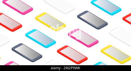 Colorful isometric smartphones. Realistic empty screen phones seamless pattern. Empty screen phone template for inserting UI interface or business pre Stock Vector