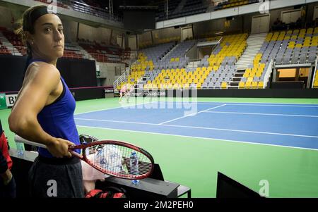 Die französische Caroline Garcia wurde in der World Group am Mittwoch, den 06. Februar 2019, in Lüttich während eines Trainings vor dem Viertelfinale des Fed-Cup-Spiels zwischen Belgien und Frankreich gefilmt. BELGA FOTO BENOIT DOPPPAGNE Stockfoto