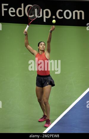 Die französische Caroline Garcia zeigte sich in der World Group am Donnerstag, den 07. Februar 2019 in Lüttich in Aktion während einer Trainingssitzung im Vorfeld des Viertelfinales des Fed-Cup-Treffens zwischen Belgien und Frankreich. BELGA FOTO ERIC LALMAND Stockfoto