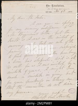 Elizabeth Cady Stanton autograph note signed to [Stephen Symonds] Foster, New York, 4 November 1868 , Abolitionists, United States, History, 19th century, Women, Suffrage, Higginson, Thomas Wentworth, 1823-1911. Thomas Wentworth Higginson Correspondence Stock Photo