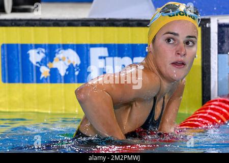 Melbourne, Australien. 14.. Dezember 2022. Kaylee McKeown aus Australien reagiert, nachdem er im Backstroke Women Final 100m während der FINA Swimming Short Course World Championships im Melbourne Sports and Aquatic Centre in Melbourne, Australien, am 14.. Dezember 2022 Gold gewonnen hat. Foto Giorgio Scala/Deepbluemedia/Insidefoto Credit: Insidefoto di andrea staccioli/Alamy Live News Stockfoto