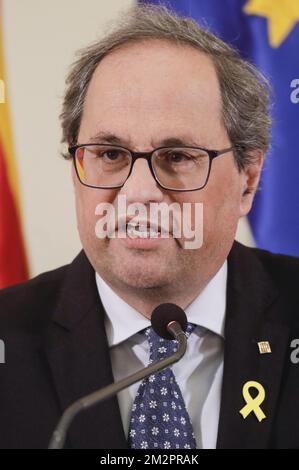 Der Präsident von Katalonien Quim Torra wurde auf einer Pressekonferenz am Montag, den 18. Februar 2019 in Brüssel vorgestellt. BELGA FOTO THIERRY ROGE Stockfoto